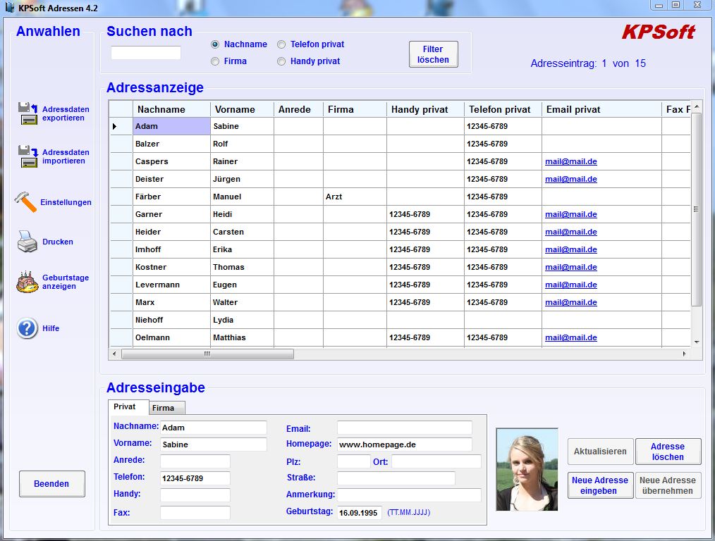 KPSoft Adressen Screenshot