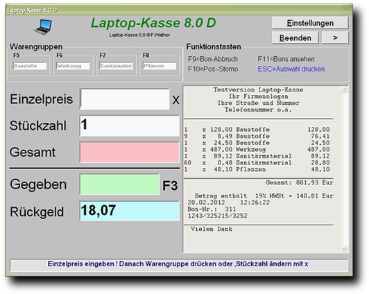 Laptop-Kasse Screenshot