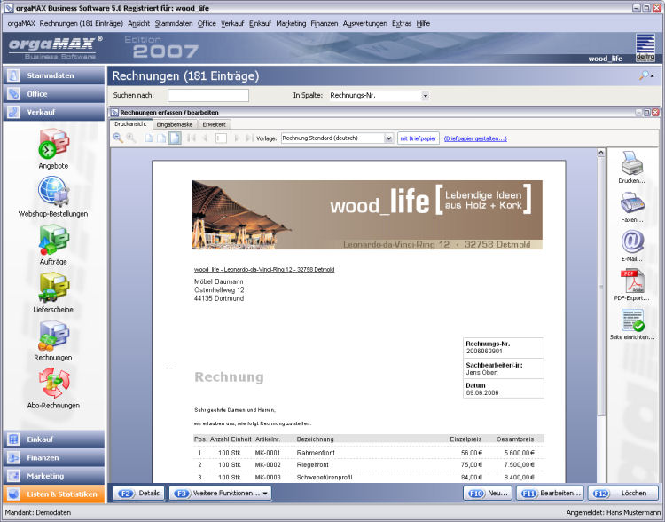 orgaMAX Business Software Screenshot